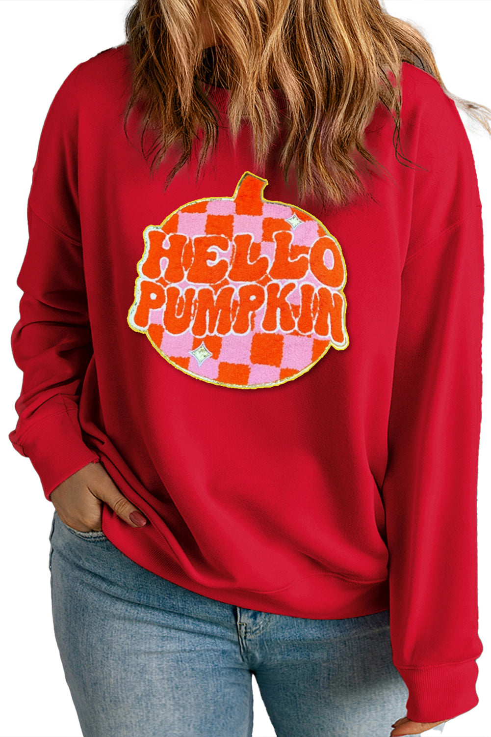 Apricot Plus Size Hello Pumpkin Pattern Halloween Sweatshirt