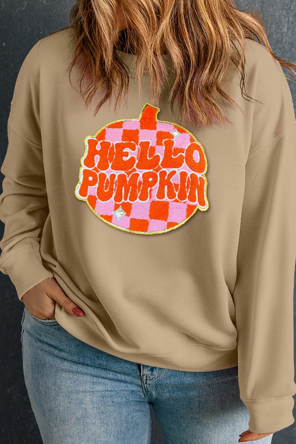 Apricot Plus Size Hello Pumpkin Pattern Halloween Sweatshirt