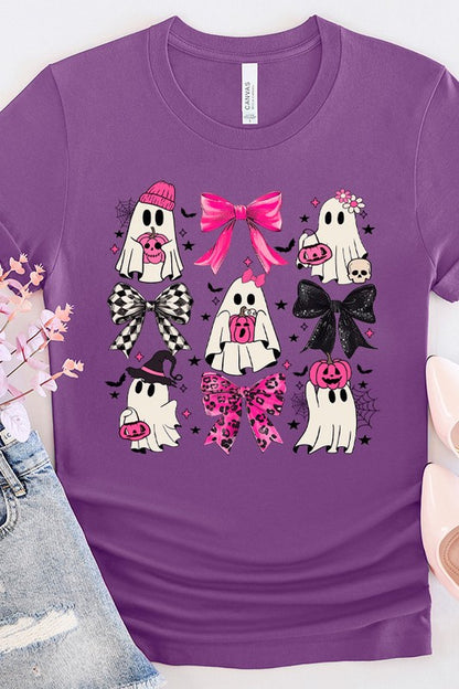 Halloween Pink Black Ghosts Bow Graphic Tee