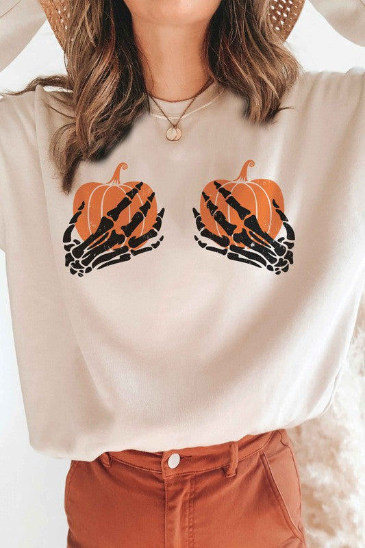 SKELETON HOLDING PUMPKINS Graphic Sweatshirt