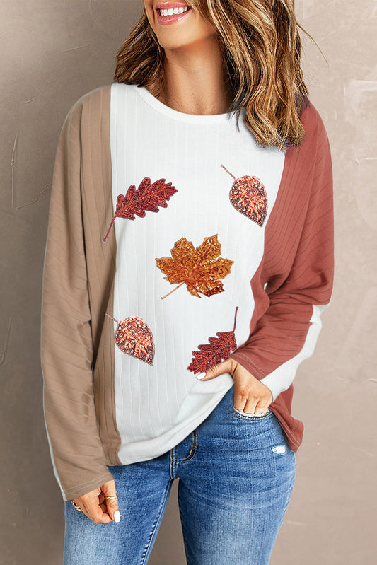 Apricot Sequin Fall Leaves Ribbed Knit Graphic Top