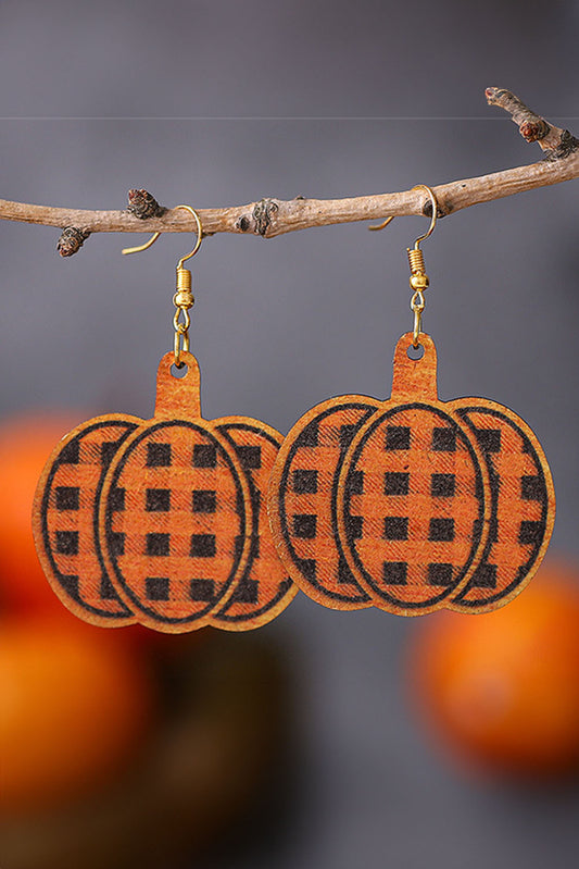 Russet Orange Plaid Print Pumpkin Shape Halloween Drop Earrings