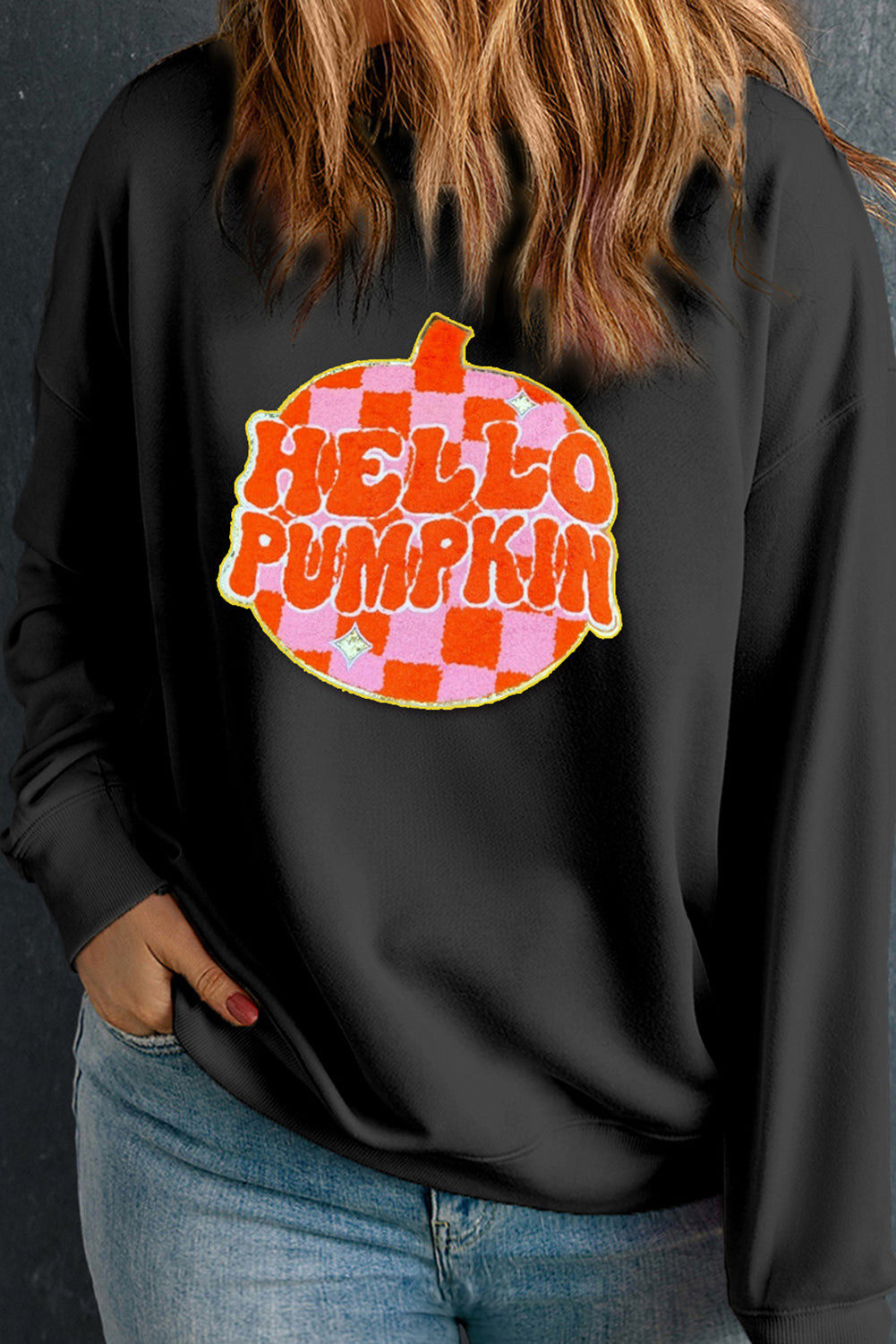 Apricot Plus Size Hello Pumpkin Pattern Halloween Sweatshirt