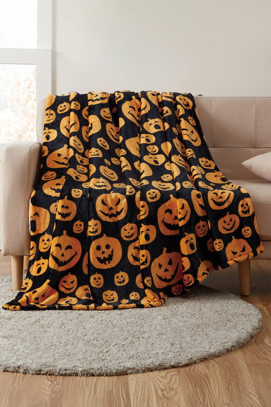 Black Halloween Pumpkin Face Print Fleece Blanket