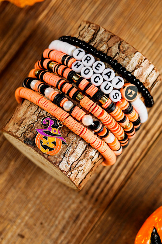 Orange TREAT HOCUS Halloween Pumpkin Beaded Layered Bracelet