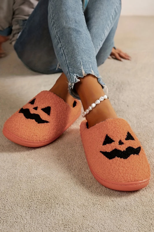 Black Halloween Pumpkin Face Graphic Plush Slippers