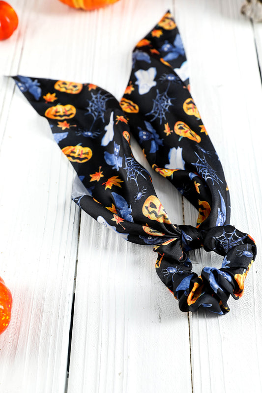 Bristol Black Halloween Pumpkin Print Satin Scrunch Hair Tie