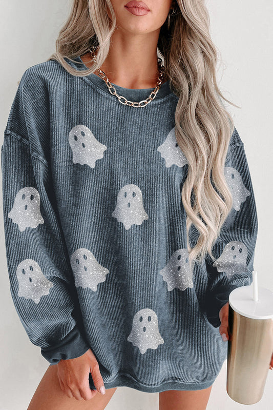 Halloween Ghost Corded Crew Neck Loose Sweatshirt